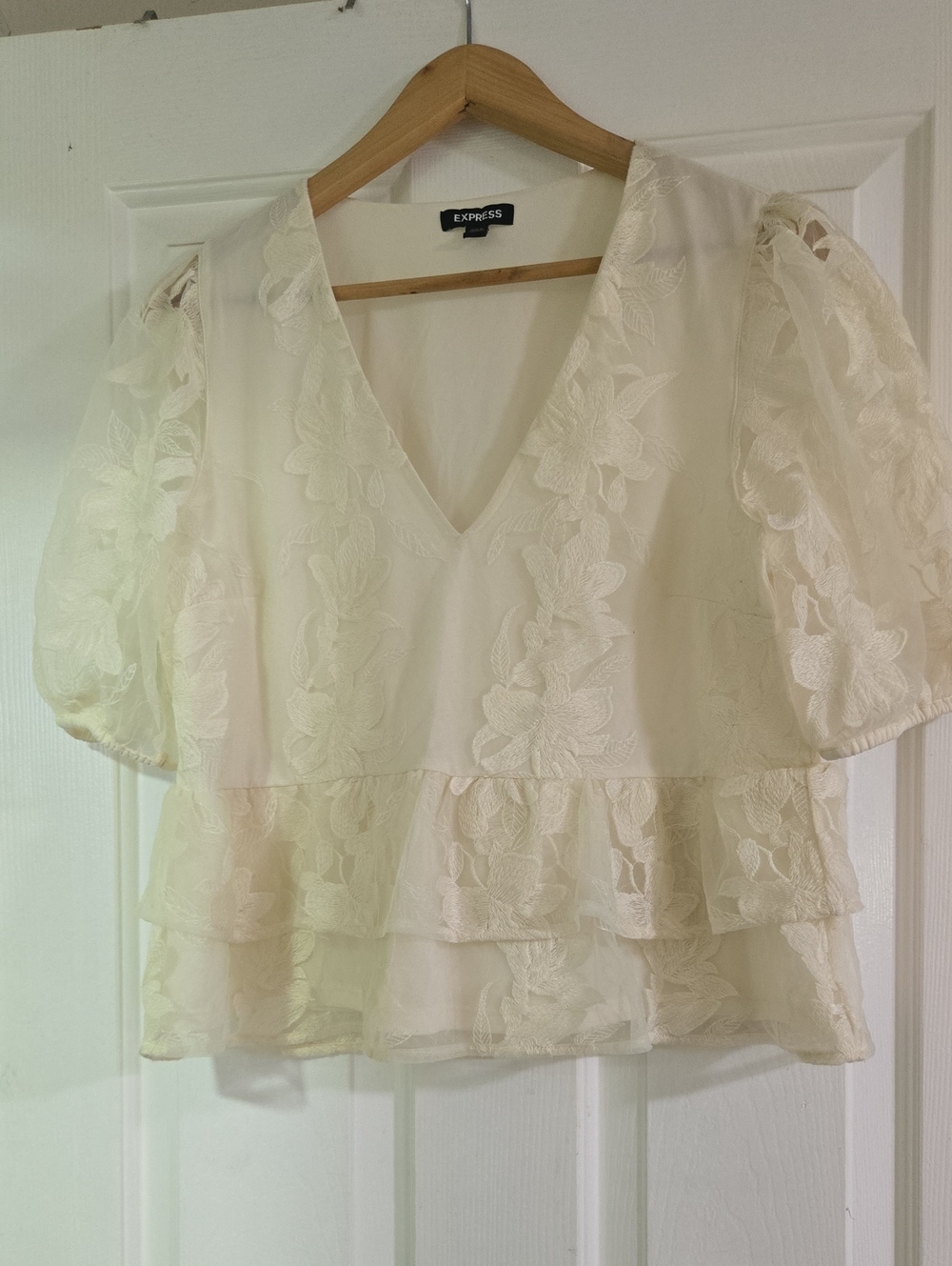 Express Cream Lace V-Neck Peplum Blouse